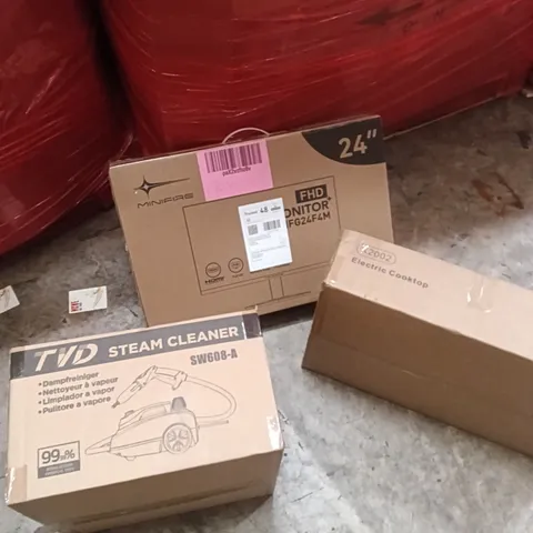 PALLET OF ASSORTED ITEMS TO INCLUDE - TVD STEAM CLEANER, 24'INCH FHD MONITOR, ELECTRIC COOKTOP