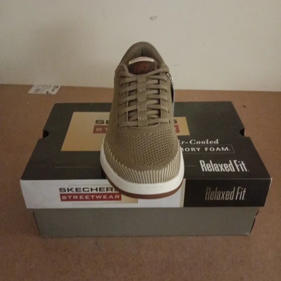 BOXED PAIR OF SKECHERS CORLISS DORSET TRAINERS IN TAUPE - UK 8