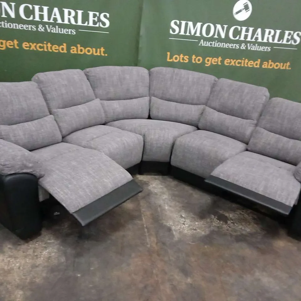 DESIGNER SANTORI GREY FABRIC AND BLACK FAUX LEATHER MANUAL RECLIING CORNER SOFA