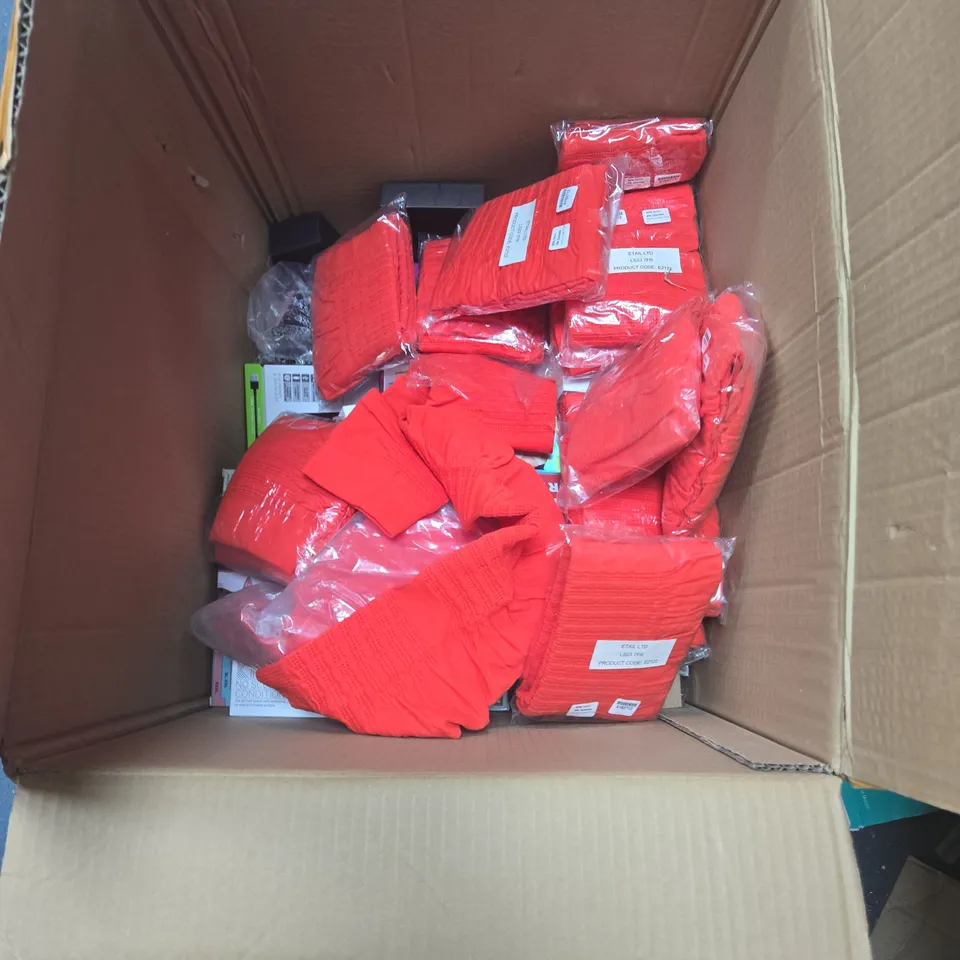 BOX OF APPROXIMATELY 20 ASSORTED ITEMS INCLUDING MEMORY FOAM TRAVEL PILLOW , WIRELESS EARBUDS AND SANKOM VEST WITH LACE BRA