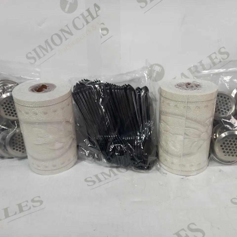 LOT OF APPROXIMATELY 10 ASSORTED HOUSEHOLD ITEMS TO INCLUDE PACK OF SMALL STRAINERS, PACK OF SPORKS, ETC