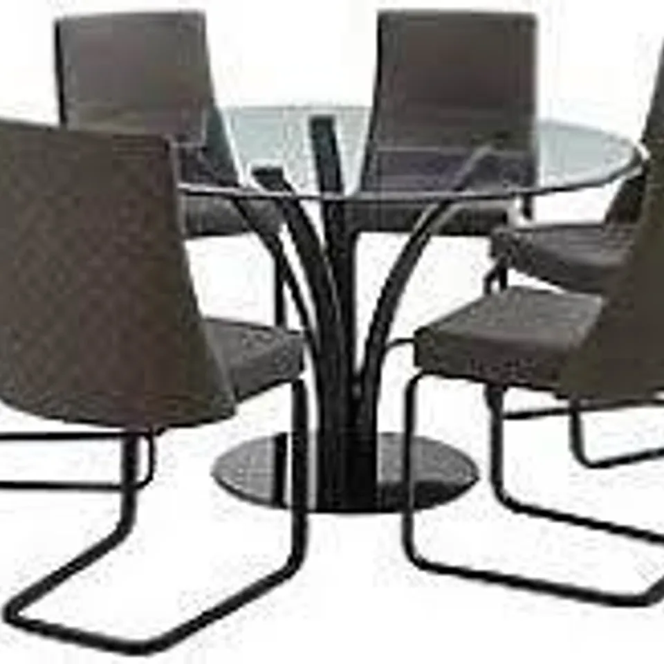 BOXED ALANNA 130 CM GLASS TOP ROUND DINING TABLE + 6 CHAIRS - PINK (4 OF 5 BOXES INCOMPLETE)