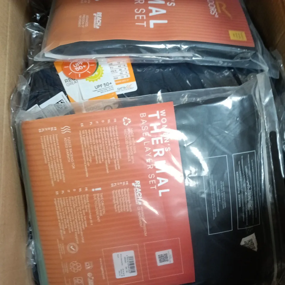 BOX OF APPROXIMATELY 40 BRAND NEW ASSORTED REGATTA CLOTHING ITEMS INCLUDING PENTRE STITCH TROUSERS , THERMAL BASE LAYER SET AND CHASKA TROUSERS
