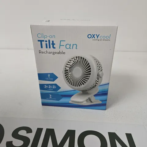 OXYCOOL CLIP-ON TILT FAN – RECHARGEABLE, USB-CHARGED, BOXED