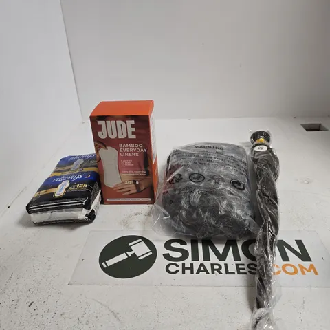 TOTE OF APPROXIMATELY 5 ASSORTED ITEMS INCLUDING A BROWN PONY TAIL WIG, A GREY CURLED WIG AND JUDE BAMBOO EVERYDAY LINERS