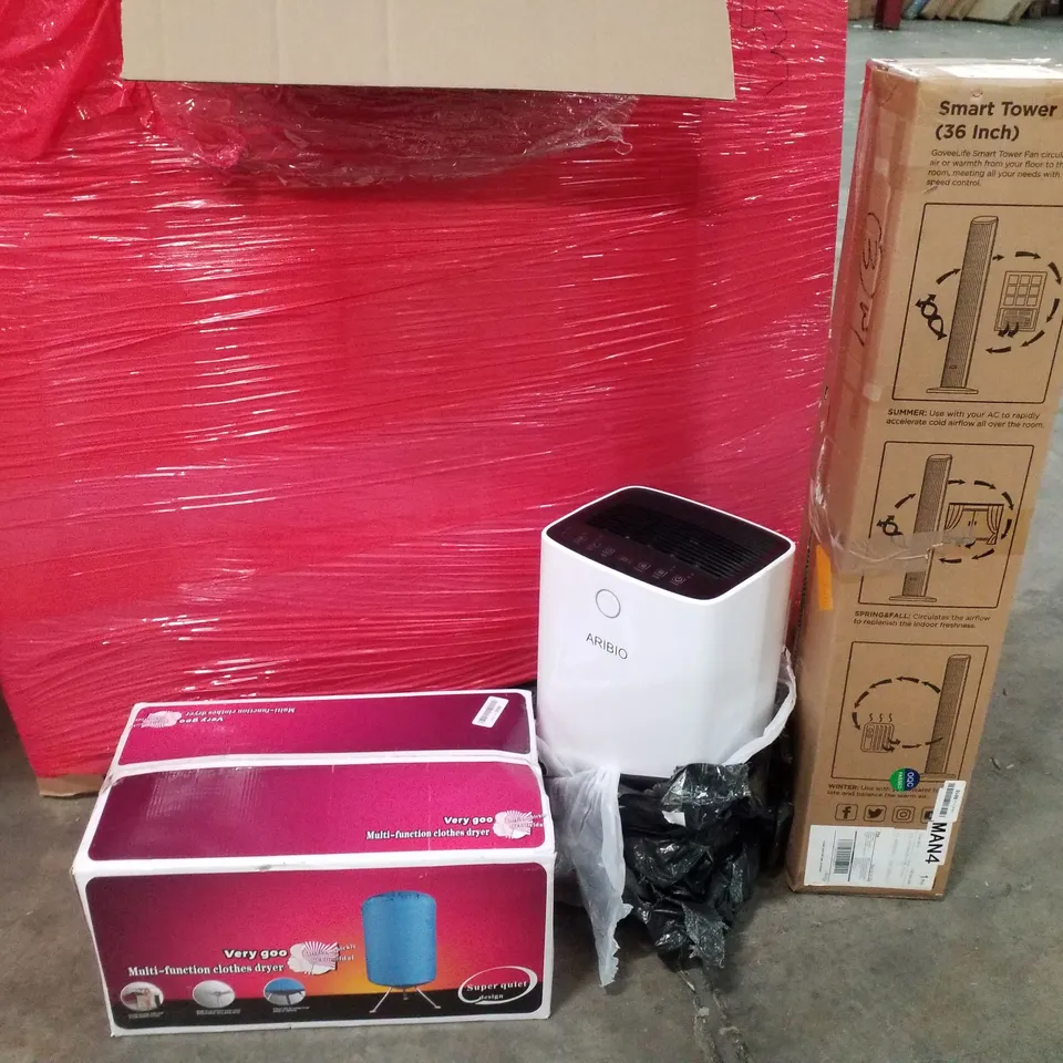 PALLET OF ASSORTED HOUSEHOLD ITEMS AND CONSUMER PRODUCTS TO INCLUDE; CLOTHES DRYER, DEHUMIDIFIER, TOWER FAN, VACUUM CLEANER, BOXED FURNITURE ETC 