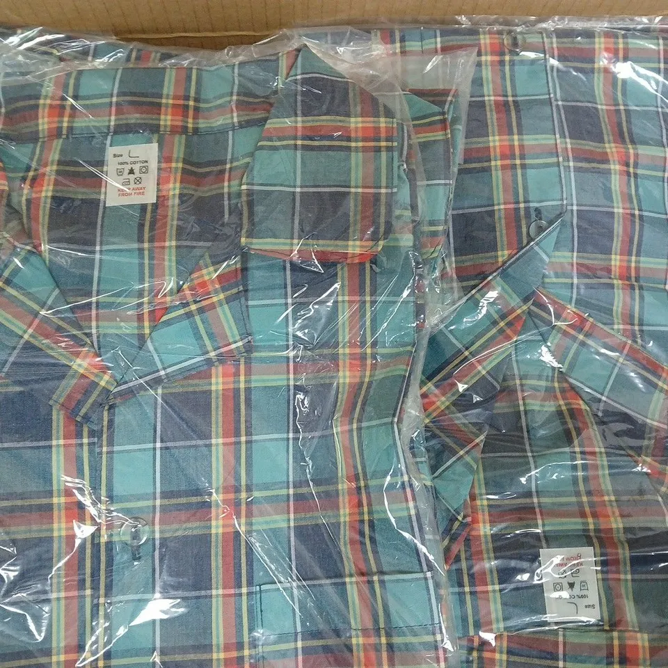 BOX OF APPROXIMATELY 60 MEN'S CHECK NIGHT SHIRTS IN GREEN SIZE LARGE - COLLECTION ONLY