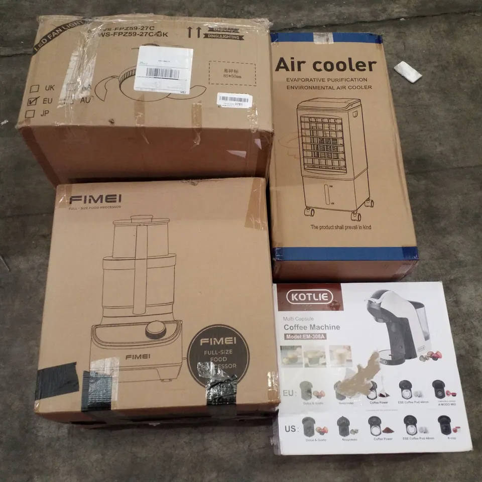 PALLET OF ASSORTED PRODUCTS INCLUDING AIR COOLER, COFFEE MACHINE, LED FAN LIGHT, FOOD PROCESSOR, WORLD TRAVEL MAP 