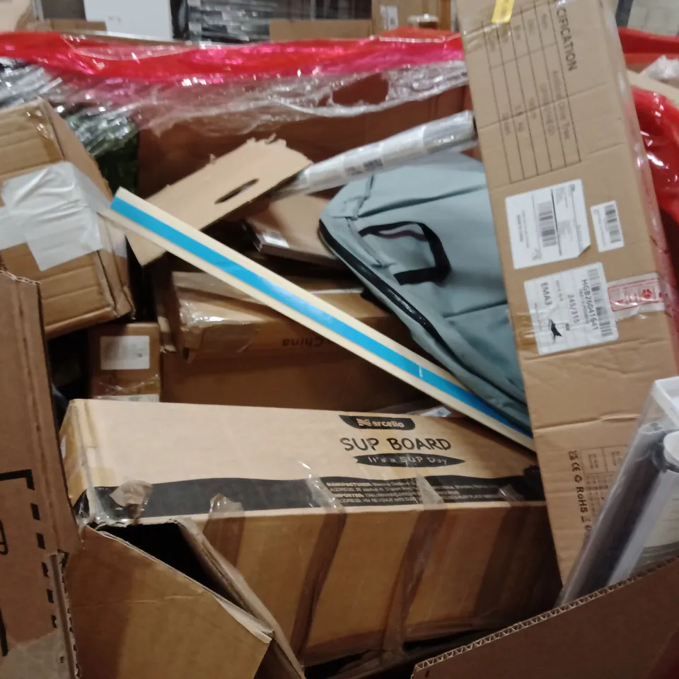PALLET OF ASSORTED HOUSEHOLD GOODS AND PRODUCTS TO INCLUDE; ARTIFICIAL OLIVE TREE,TOOL BAG, SURFING BAG