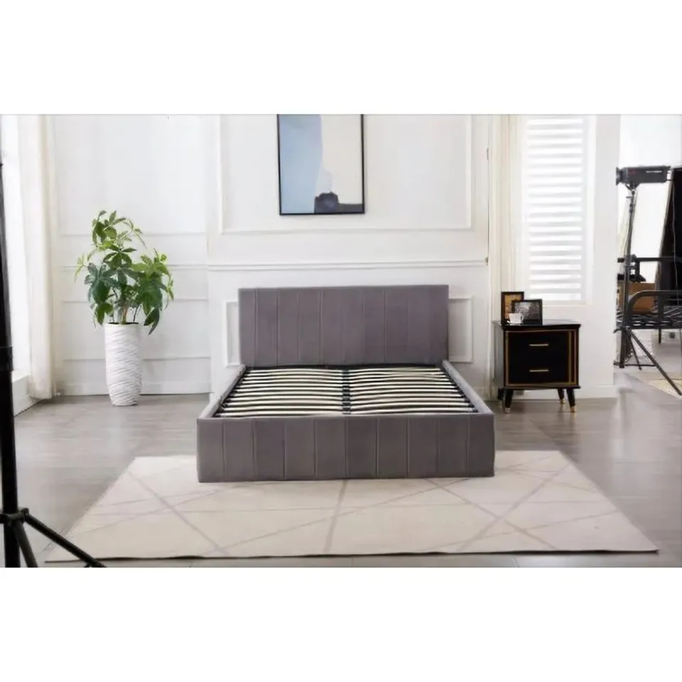 BOXED WAGSTAFF UPHOLSTERED LIFT STORGE BED FRAME VELVET GREY SINGLE (3 BOXES)