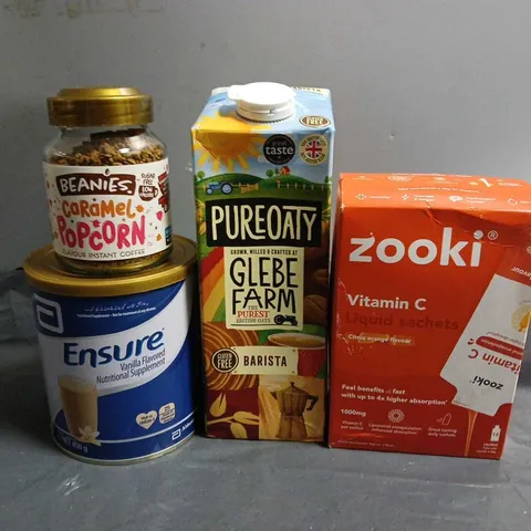 TOTE OF APPROX 7 ASSORTED FOOD ITEMS TO INCLUDE - ENSURE , ZOOKI VITAMIN C , PUREOATS ETC