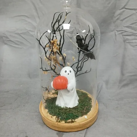 GLASS DOME HALLOWEEN DISPLAY - GHOST WITH PUMPKIN UNDER BELL JAR