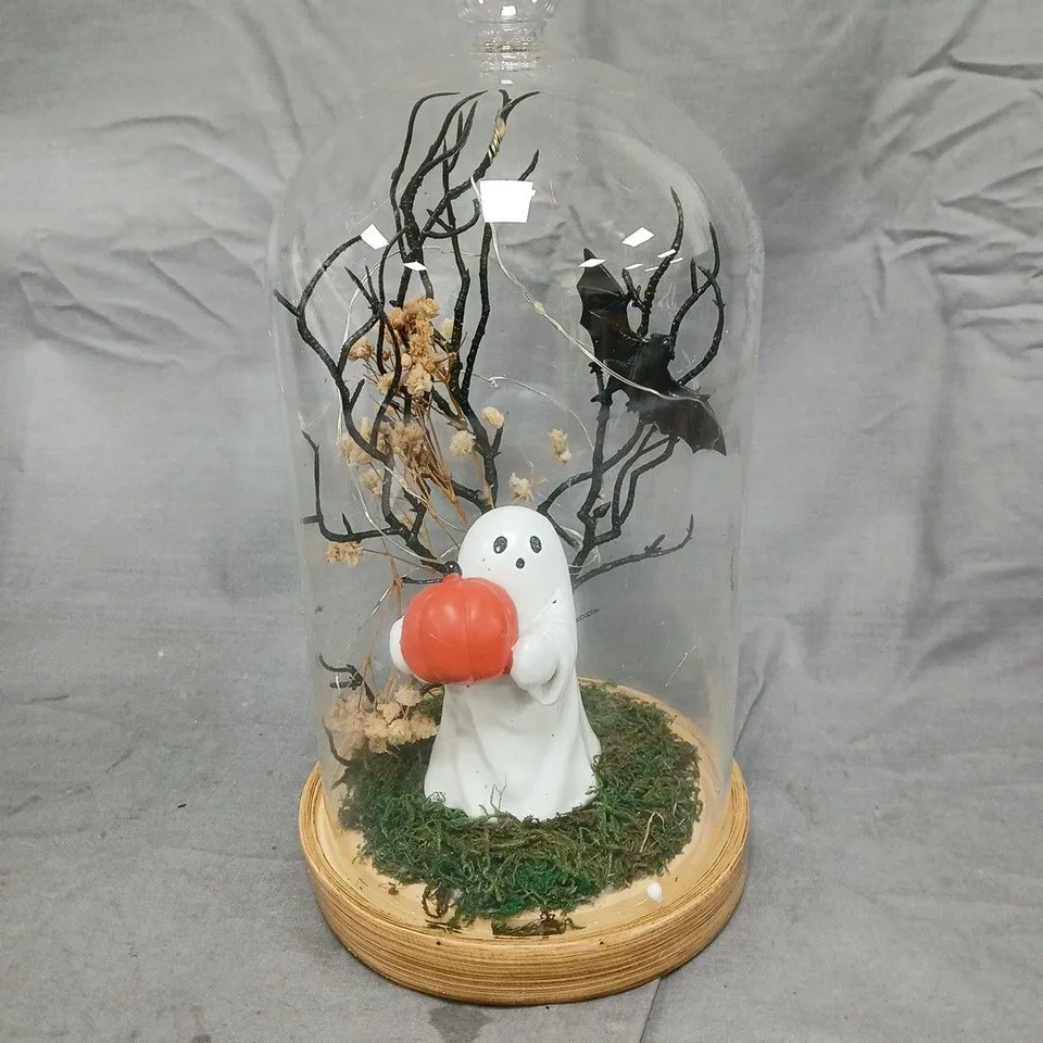 GLASS DOME HALLOWEEN DISPLAY - GHOST WITH PUMPKIN UNDER BELL JAR