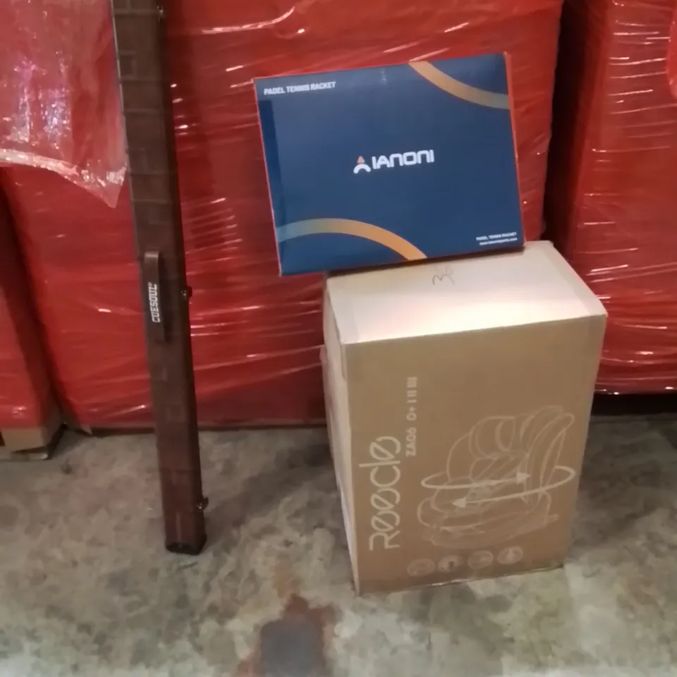PALLET OF ASSORTED HOUSEHOLD GOODS AND PRODUCTS TO INCLUDE;CAR SEAT,TENNIS RACKET,POOL CUE