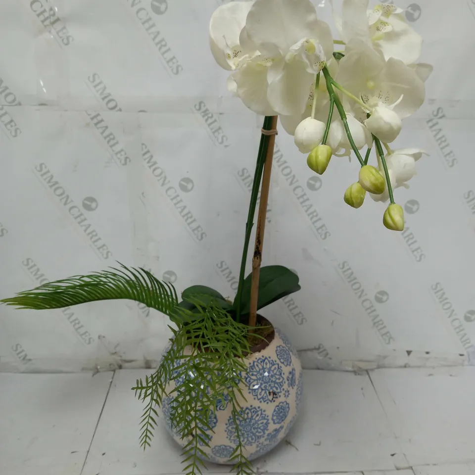 PEONY POTTED FAUX PHALAENOPSIS ORCHID IN A BLUE & WHITE PATTERNED BOWL