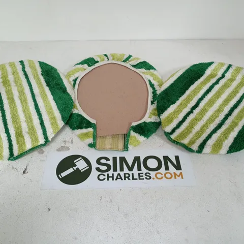 SET OF THREE GREEN STRIPED FABRIC TOILET SEAT COVERS.