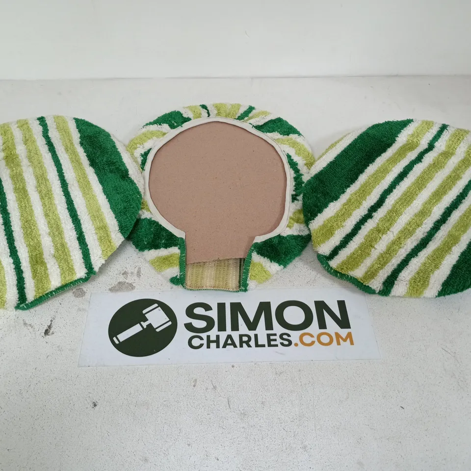 SET OF THREE GREEN STRIPED FABRIC TOILET SEAT COVERS.