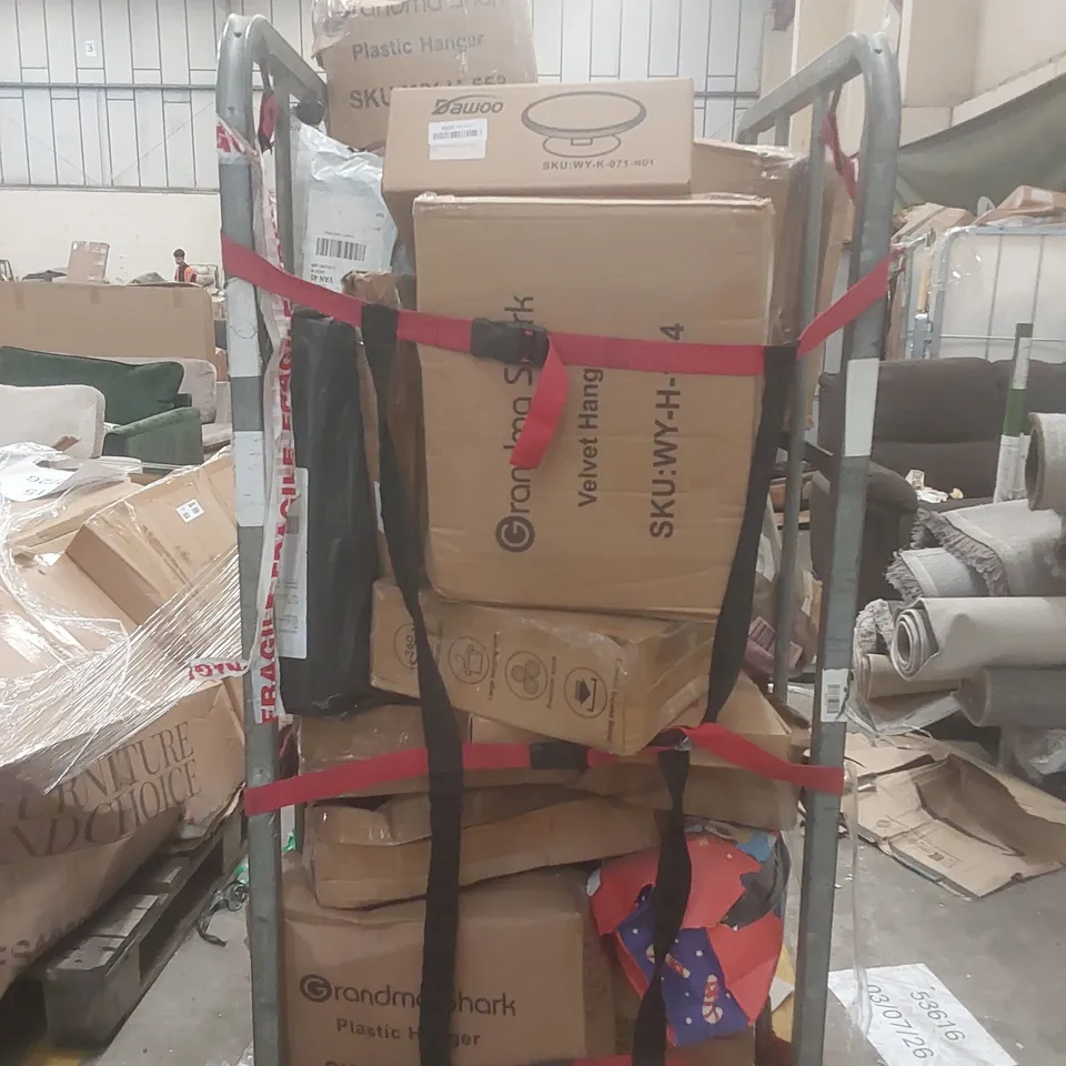CAGE CONTAINING A LARGE QUANTITY OF ASSORTED ITEMS INCLUDING: CLOTHES HANGERS, CAKE TURNTABLE ECT  // CAGE NOT INCLUDED