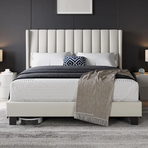 BOXED YAHEETECH UPHOLSTERED BED FRAME//KING - BEIGE (2 BOXES)