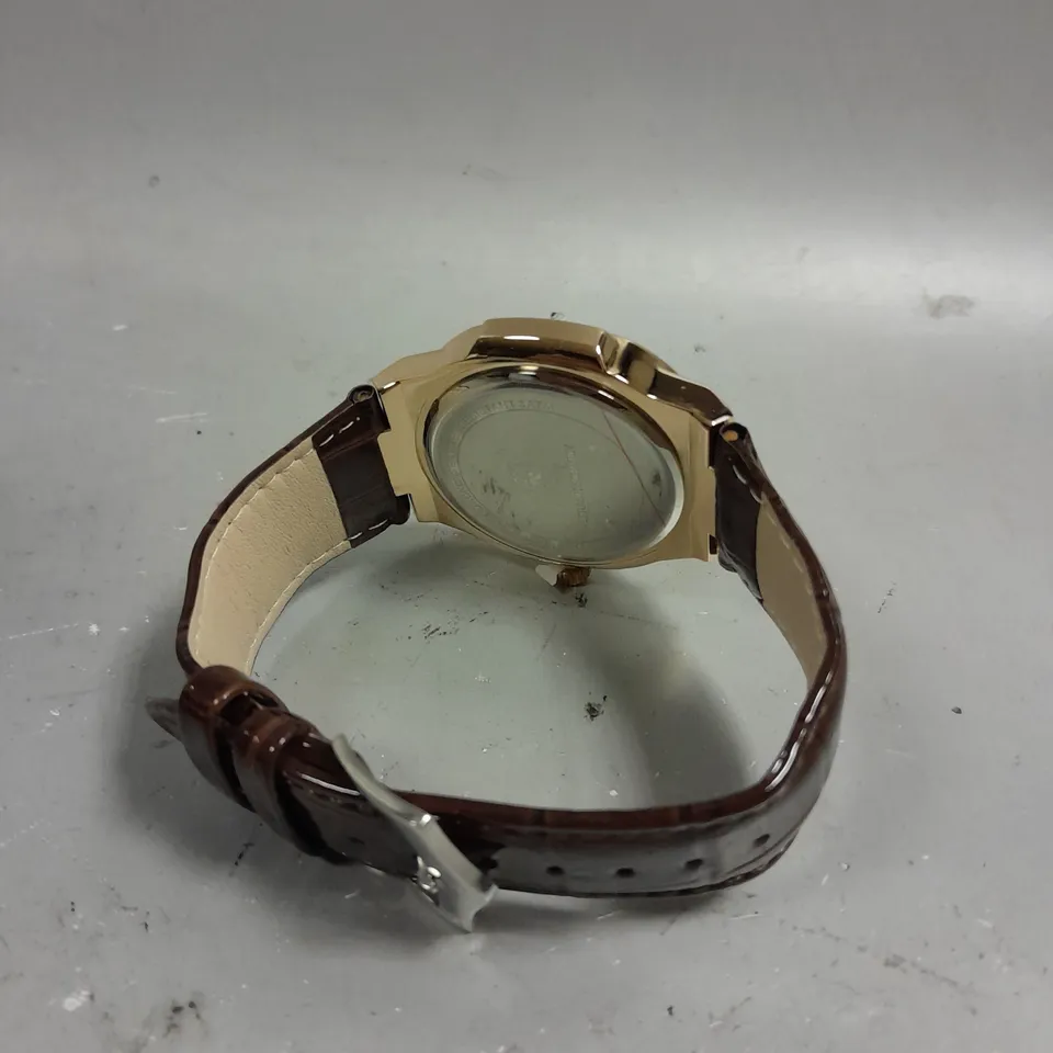 BOXED FRANK SCHMIDT WATCH WITH TEXTURED DIAL & LEATHER STRAP IN BROWN 