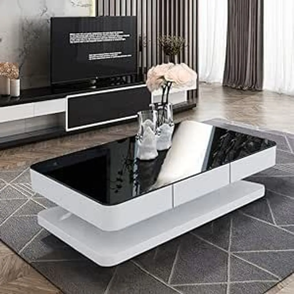 BOXED OFCASA 2 DRAWERS COFFEE TABLE FOR LIVING ROOM HIGH GLOSS COFFEE TABLE WITH BLACK GLASS TOP WOOD STORAGE CABINET TABLE FOR LIVING ROOM HOME OFFICE, BLACK
