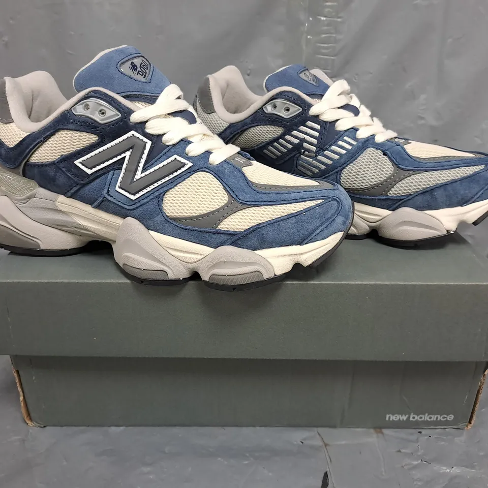 BOXED PAIR OF NEW BALANCE 9060 TRAINERS IN BLUE/OFF-WHITE SIZE UK 6