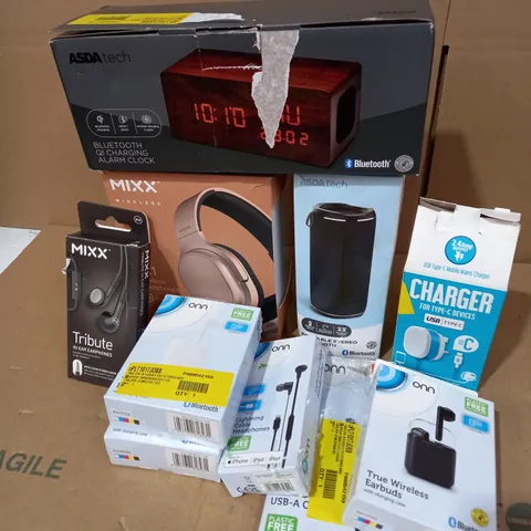 LOT OF APPROX. 10 X ITEMS TO INCLUDE MIXX RX1 WIRELESS HEADPHONES, ASDA TECH PORTABLE BLUETOOTH SPEAKER, ASDA TECH BLUETOOTH QI CHARGING ALARM CLOCK, ETC.
