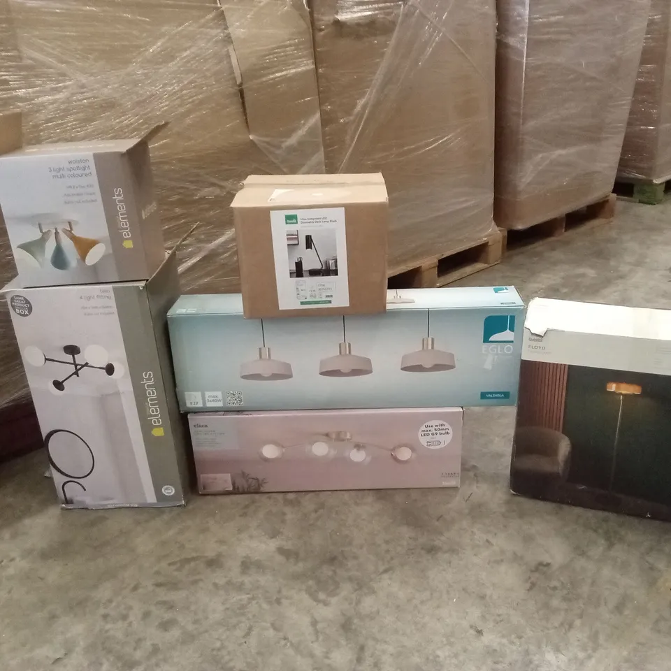 PALLET TO CONTAIN APPROXIMATELY 29 DESIGNER INDOOR LIGHTING PRODUCTS TO INCLUDE; FLOOR LAMPS, LAMPS, WALL LIGHTS, CEILING LIGHTS ETC