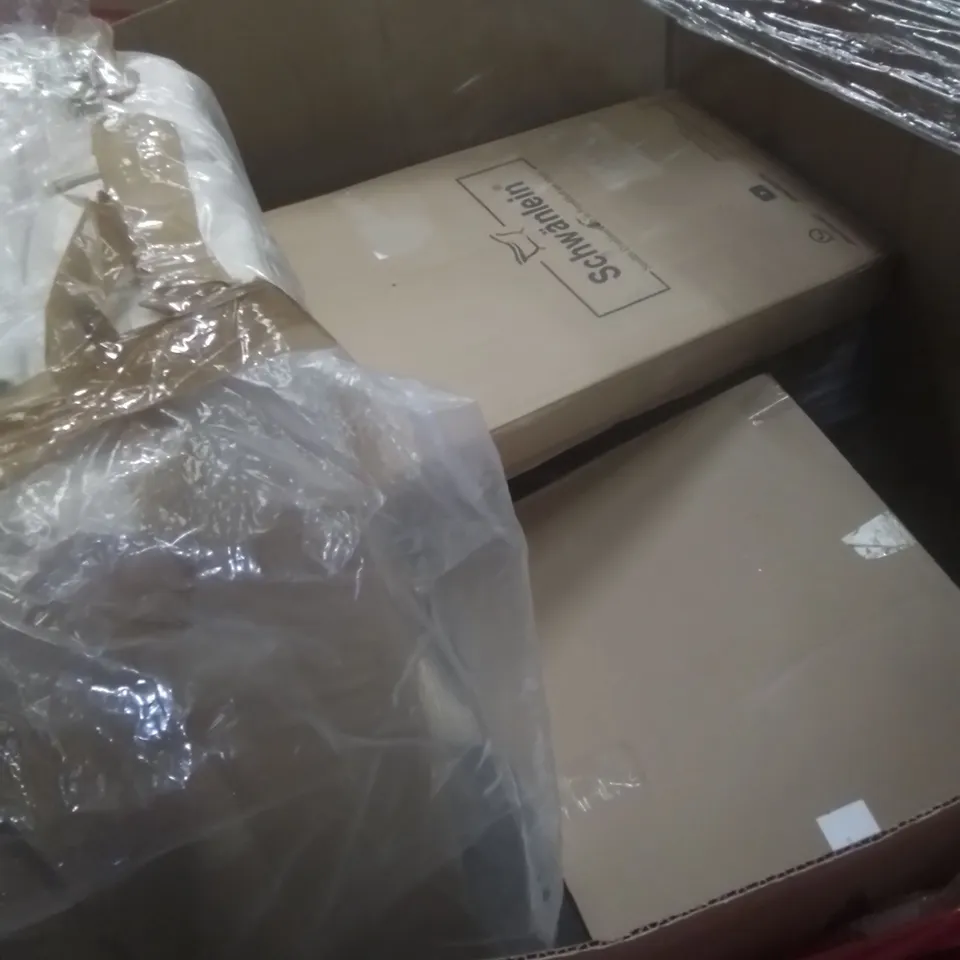 PALLET OF ASSORTED HOUSEHOLD GOODS AND FURNITURE TO INCLUDE; YUM YUM'S PLAY MAT, HEALTHY SPARY MOP, BARRHA LED WALL LIGHT ETC