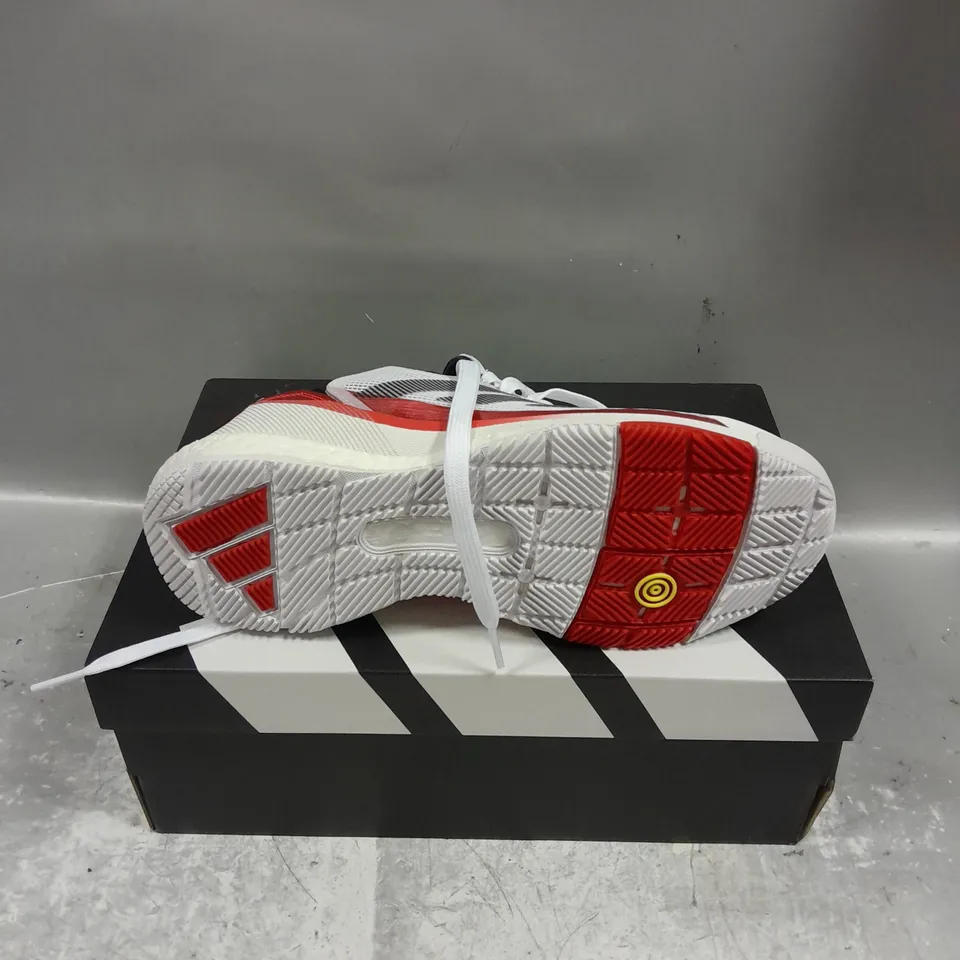 BOXED PAIR OF ADIDAS CRAZYQUICK BOOST PADEL SHOES IN WHITE/RED/BLACK SIZE MENS UK 5