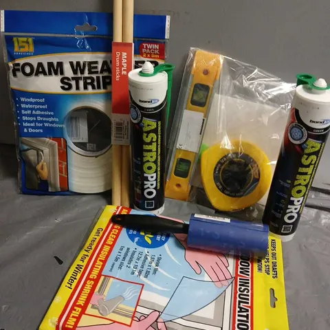 APPROXIMATELY 10 ASSORTED HOUSEHOLD ITEMS TO INCLUDE MAPLE DRUM STICKS, FOAM WEATHER STRIP, PET HAIR REMOVER, ETC