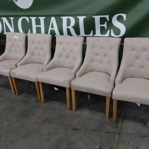 SET OF FIVE UPHOLSTERED BUTTONED BACK DINING CHAIRS BEIGE FABRIC ON NATURAL WOOD LEGS