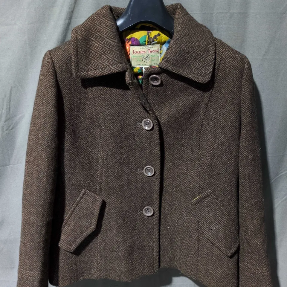 JOULES TWEED BLAZER - BROWN HERRINGBONE, BUTTON FRONT SIZE 14