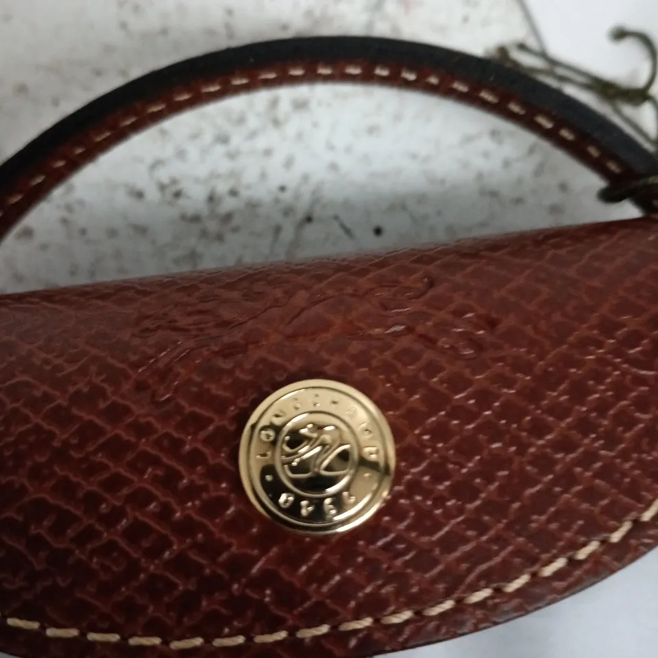 LONGCHAMP HANDBAG – BLUE FABRIC WITH BROWN TEXTURED LEATHER TRIM AND GOLD-TONE HARDWARE