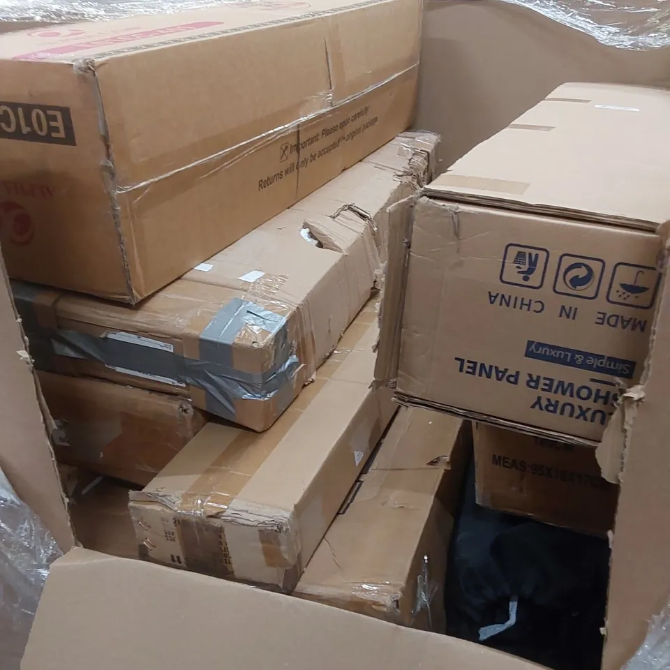 PALLET OF ASSORTED HOUSEHOLD ITEMS AND CONSUMER PRODUCTS TO INCLUDE; BOXED CAMPING ITEMS & BOXED HOME FURNITURE ETC 