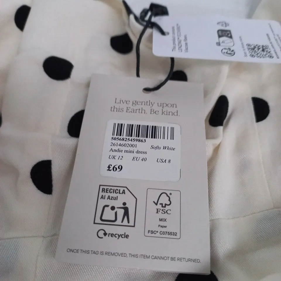 NOBODY'S CHILD ANDIE MINI DRESS - WHITE WITH BLACK POLKA DOTS, UK 12