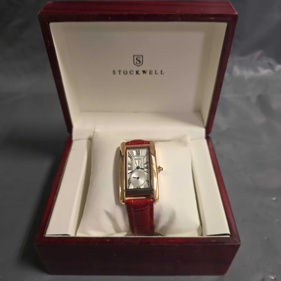 BOXED STOCKWELL RECTANGULAR LADIES WATCH WITH RED LEATHER STRAP