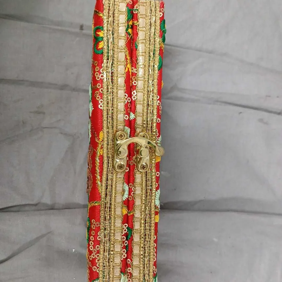 RED BROCADE EVENING CLUTCH WITH GOLD TRIM AND CHAIN