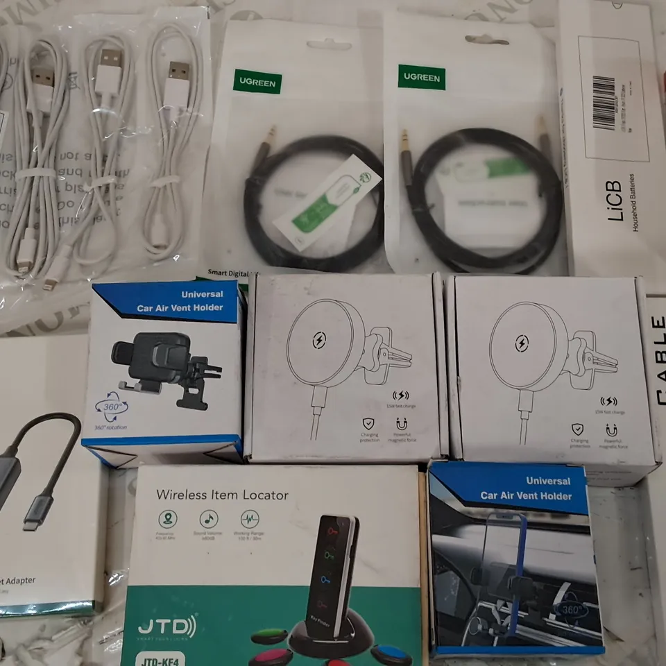 LOT OF ASSORTED ITEMS TO INCLUDE USB-C TO ETHERNET CABLES, PHONE MOUNTS AND CR25 BATTERIES 