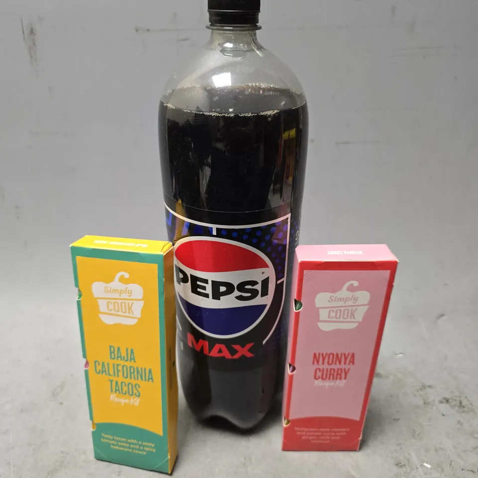 APPROXIMATELY 5 ASSORTED FOOD & DRINK ITEMS TO INCLUDE - PEPSI MAX , SIMPLY COOK NYONYA CURRY , SIMPLY COOK BAJA CALIFORNIA TACOS ETC
