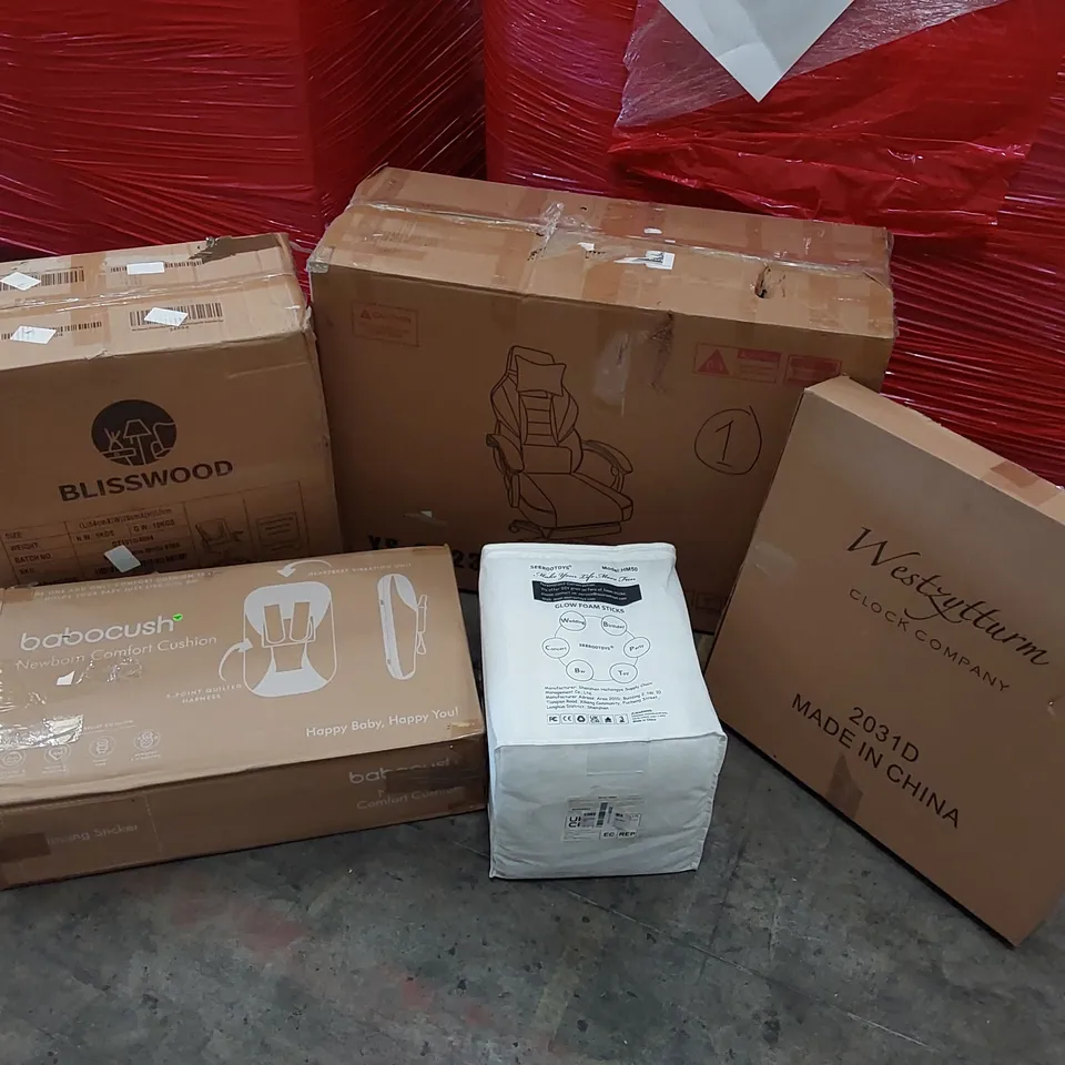 PALLET OF ASSORTED CONSUMER PRODUCTS TO INCLUDE; OFFICE CHAIRS, LARGE WALL CLOCK, BABY CUSHION, GLOW FOAM STICKS ECT