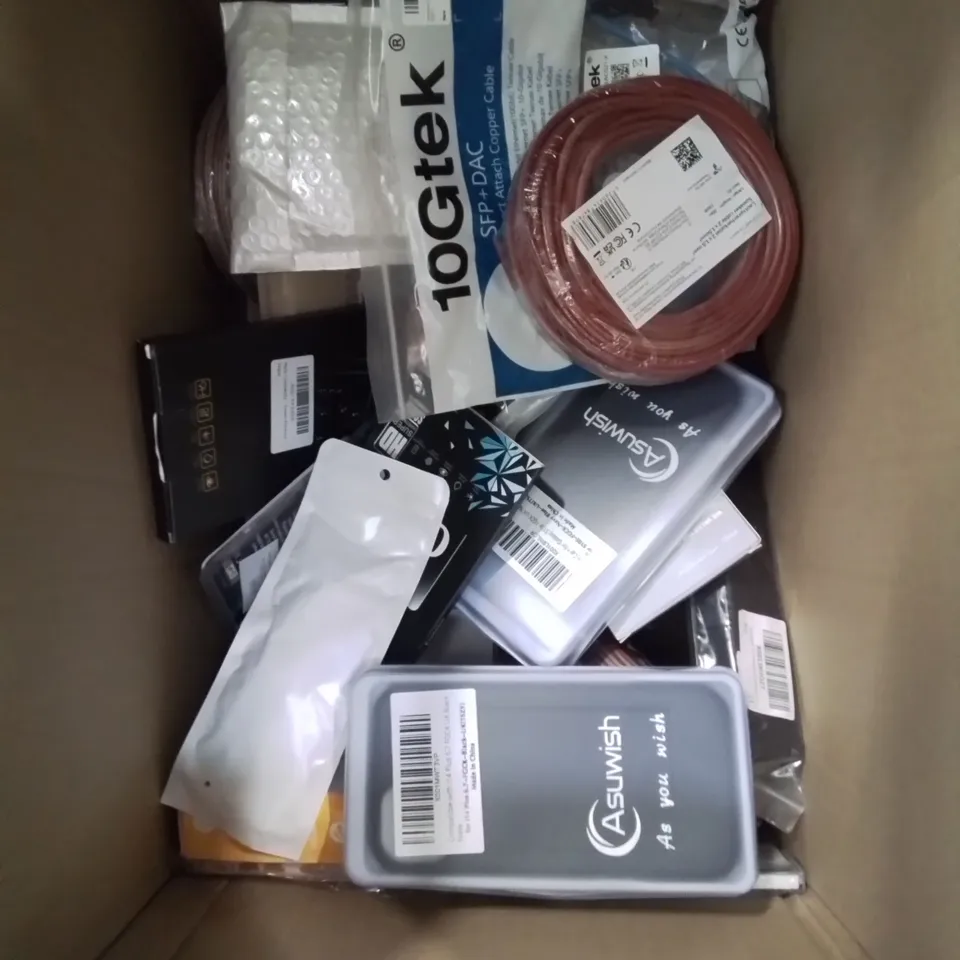 BOX CONTAINING LARGE AMOUNT OF MIXED BOXED ELECTRONIC ITEMS PHONE ACCESSORIES ETC.