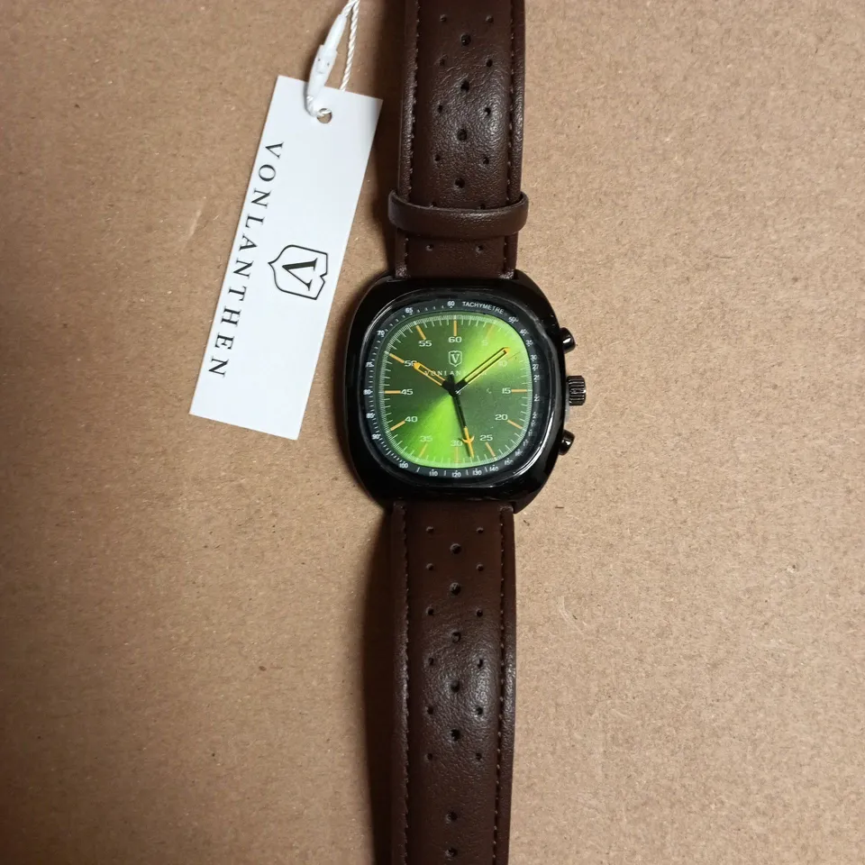 BOXED VONLANTHEN WRISTWATCH WITH GREEN DIAL AND BROWN PERFORATED LEATHER STRAP