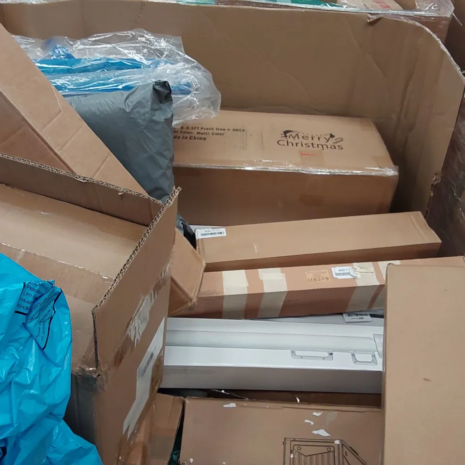 PALLET OF ASSORTED ITEMS INCLUDING: ELECTRIC BLANKET, LED PANEL, ROUND SIDE TABL3 CHILDREN'S PLAY SET, CHAIR MAT, STEEL PET STAIRS