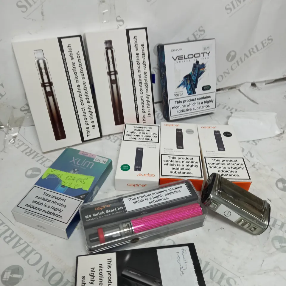 BOX OF APPROXIMATELY 10 ASSORTED E-CIG PRODUCTS TO INCLUDE ASPIRE, OXVA, VAPORESSO ETC