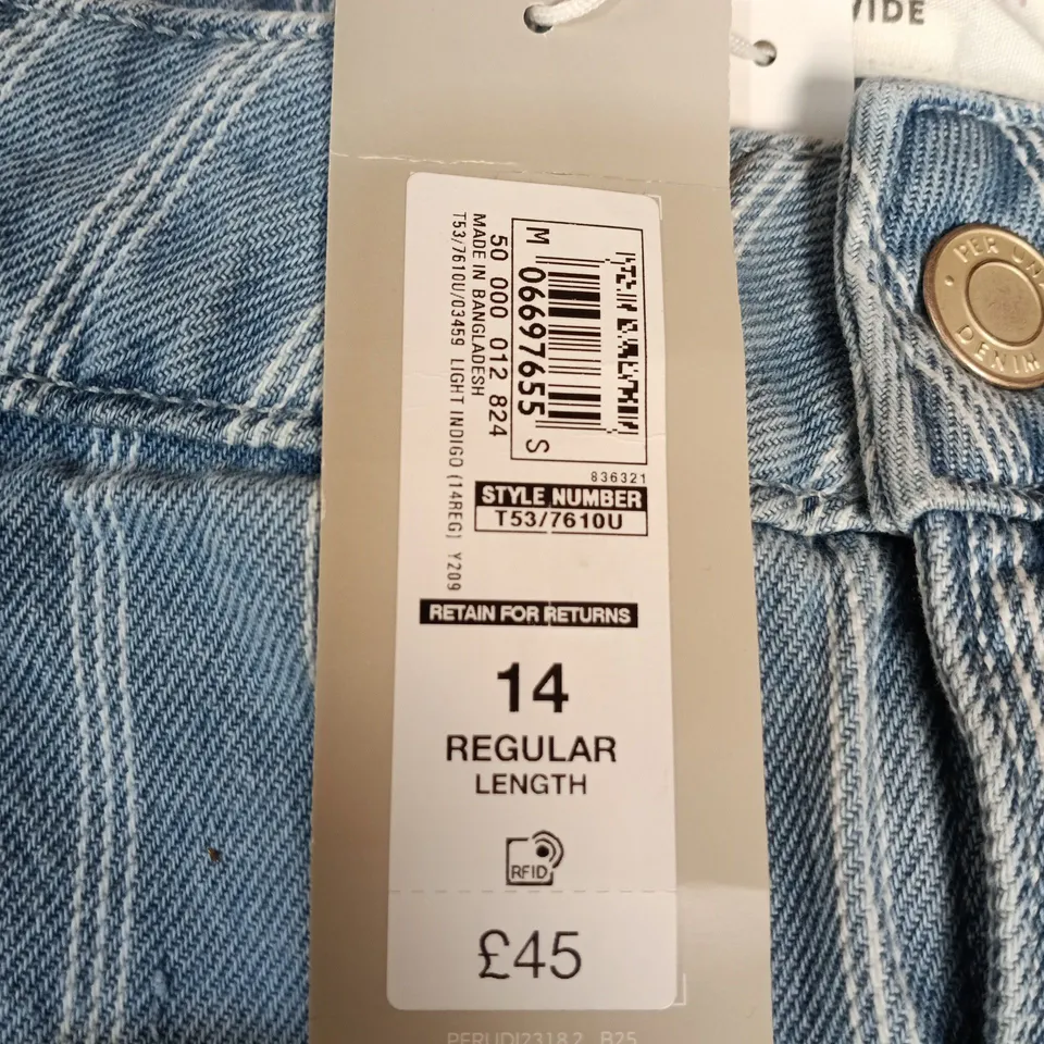 PER UNA DENIM JEANS – UK 14 REGULAR LENGTH, PINSTRIPE LIGHT BLUE