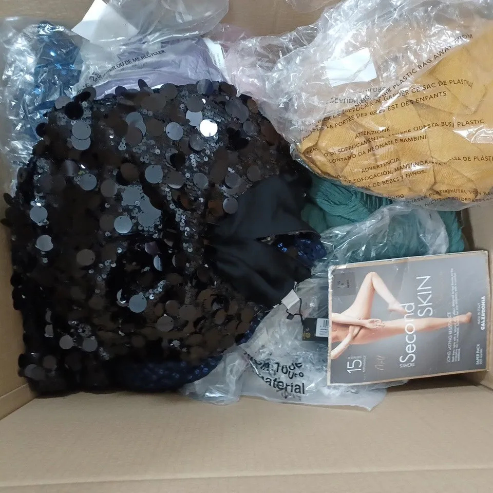 SMALL BOX OF ASSORTED CLOTHING ITEMS TO INCLUDE,JUMPERS, T-SHIRTS ,TROUSER