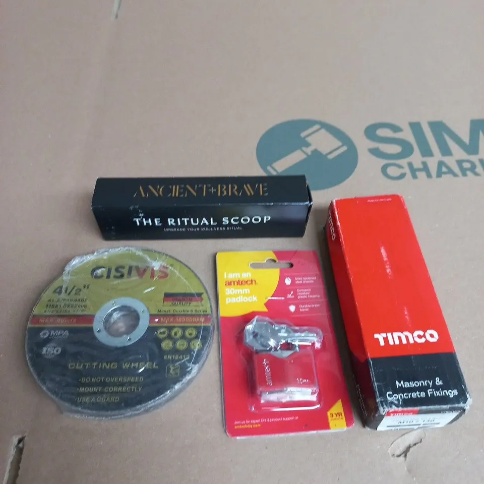 APPROXIMATELY 15 ASSORTED HOUSEHOLD PRODUCTS TO INCLUDE AMTECH PADLOCK, CISIVIS CUTTING WHEEL AND MASONRY & CONCRETE FITTINGS