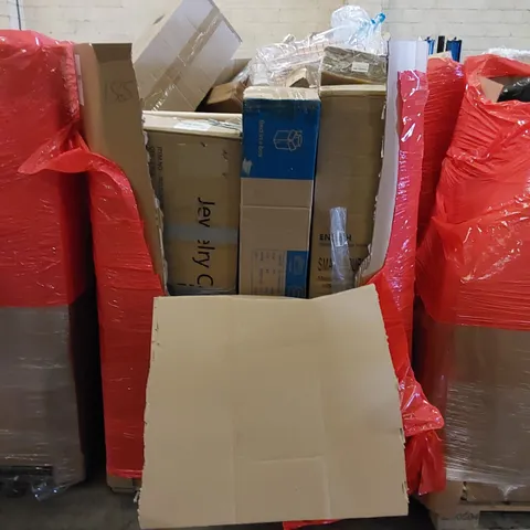PALLET TO CONTAIN ASSORTED HOUSEHOLD ITEMS AND CONSUMER PRODUCTS. INCLUDES JEWELRY CABINET, HEATER FAN, BOXED FURNITURE ETC