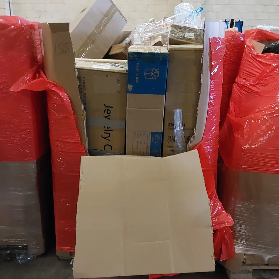 PALLET TO CONTAIN ASSORTED HOUSEHOLD ITEMS AND CONSUMER PRODUCTS. INCLUDES JEWELRY CABINET, HEATER FAN, BOXED FURNITURE ETC 